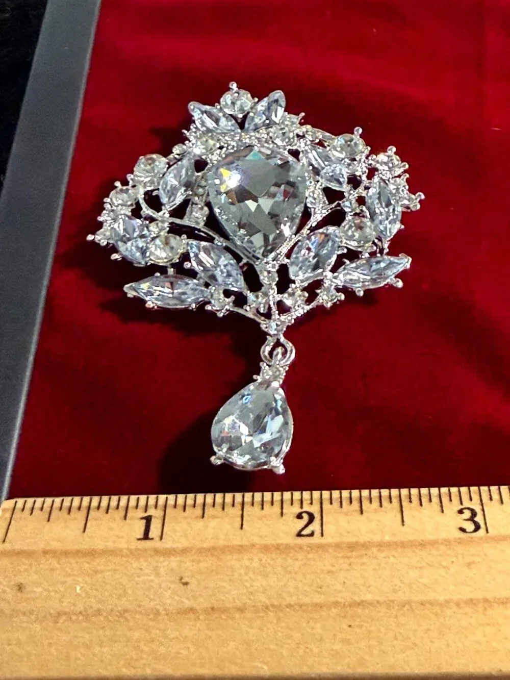 Silver-Tone Rhinestone Teardrop Brooch